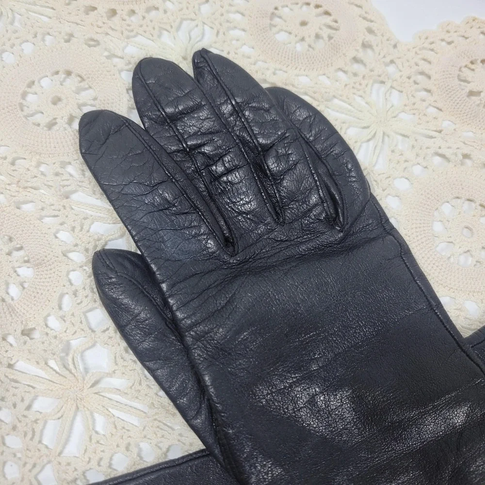 Vintage Long Black Leather Gloves Silk Lined Size 6.5 Elbow Length Evening Opera